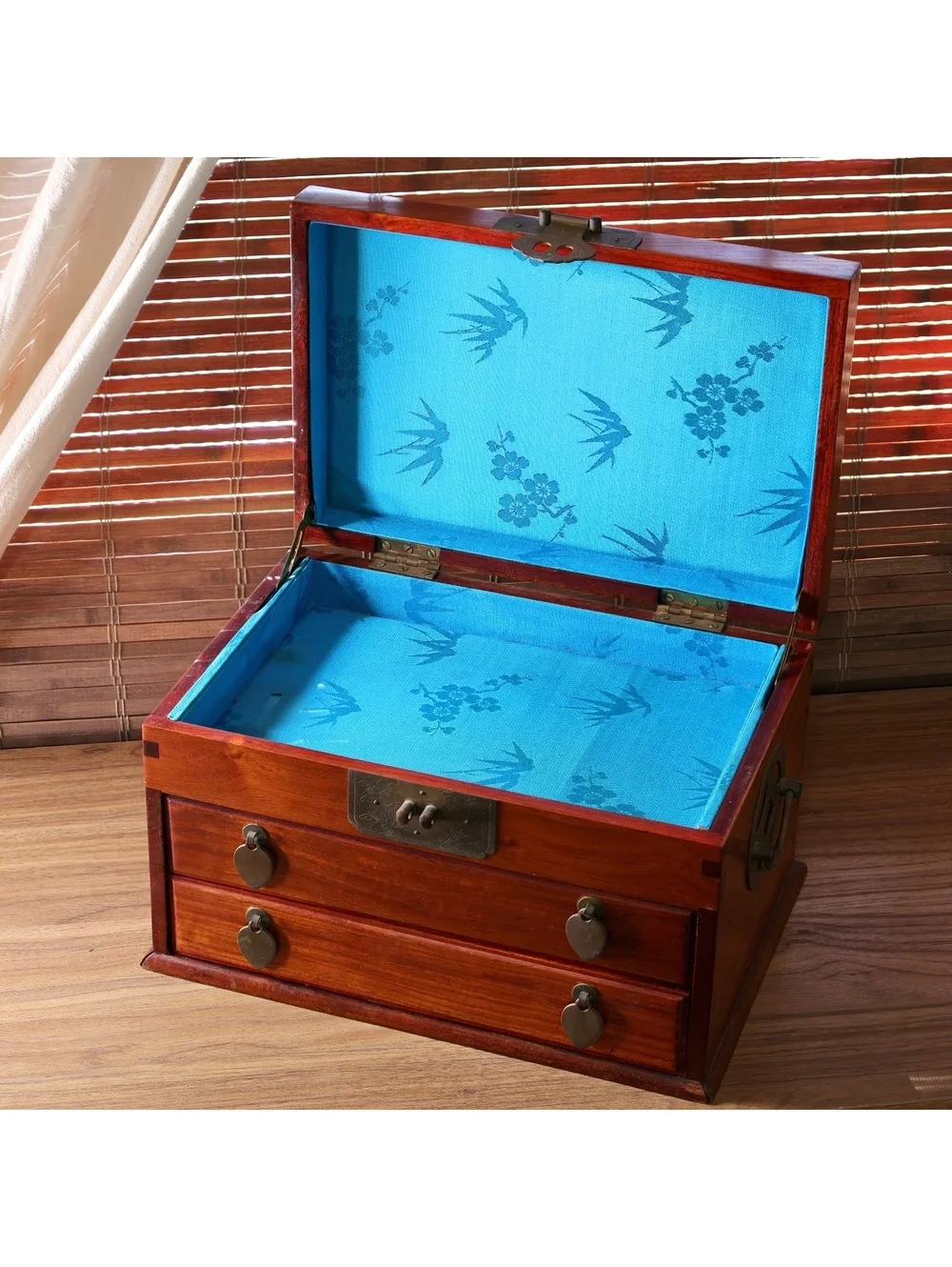 Vintage 1970's Chinoiserie Rosewood Jewelry Box Brass Coin Handle Shou Symbol